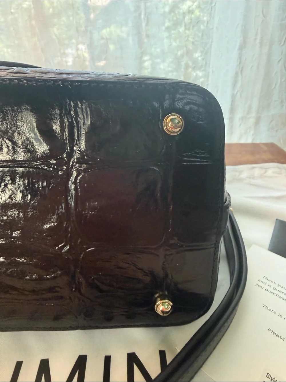 Brahmin Black Croc-Embossed Patent Satchel with Tassel